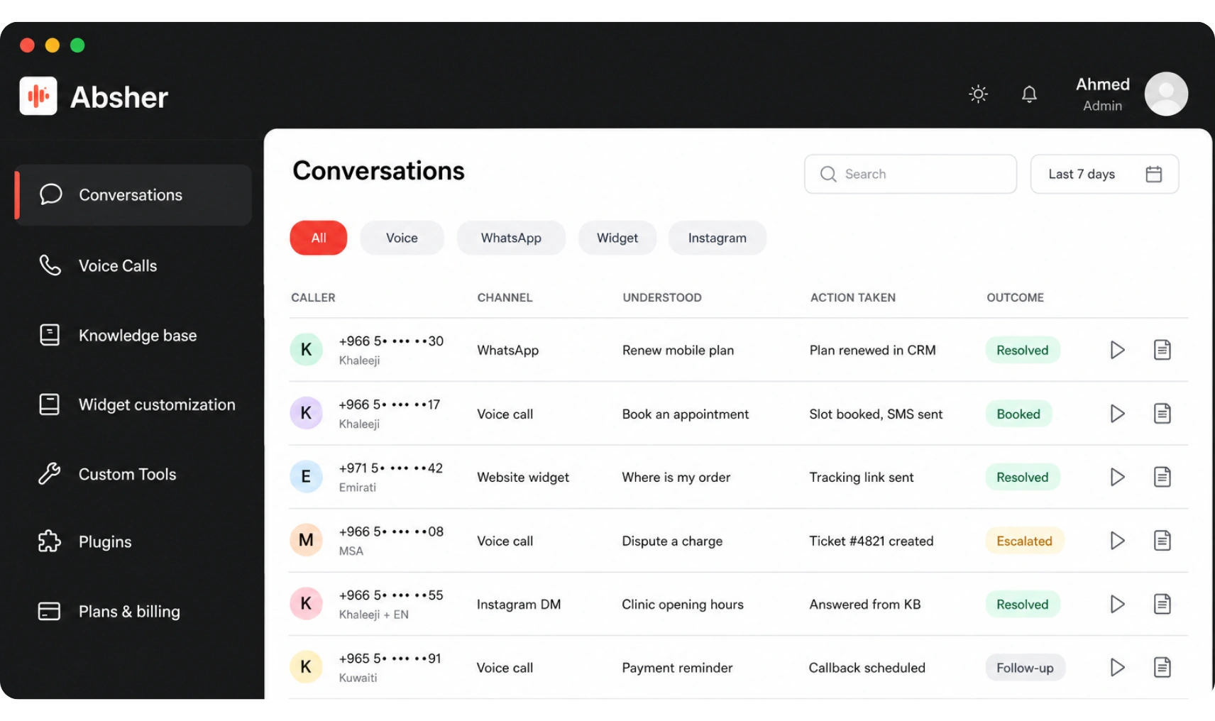 Absher AI dashboard listing each conversation with what the agent understood, the action taken and the outcome